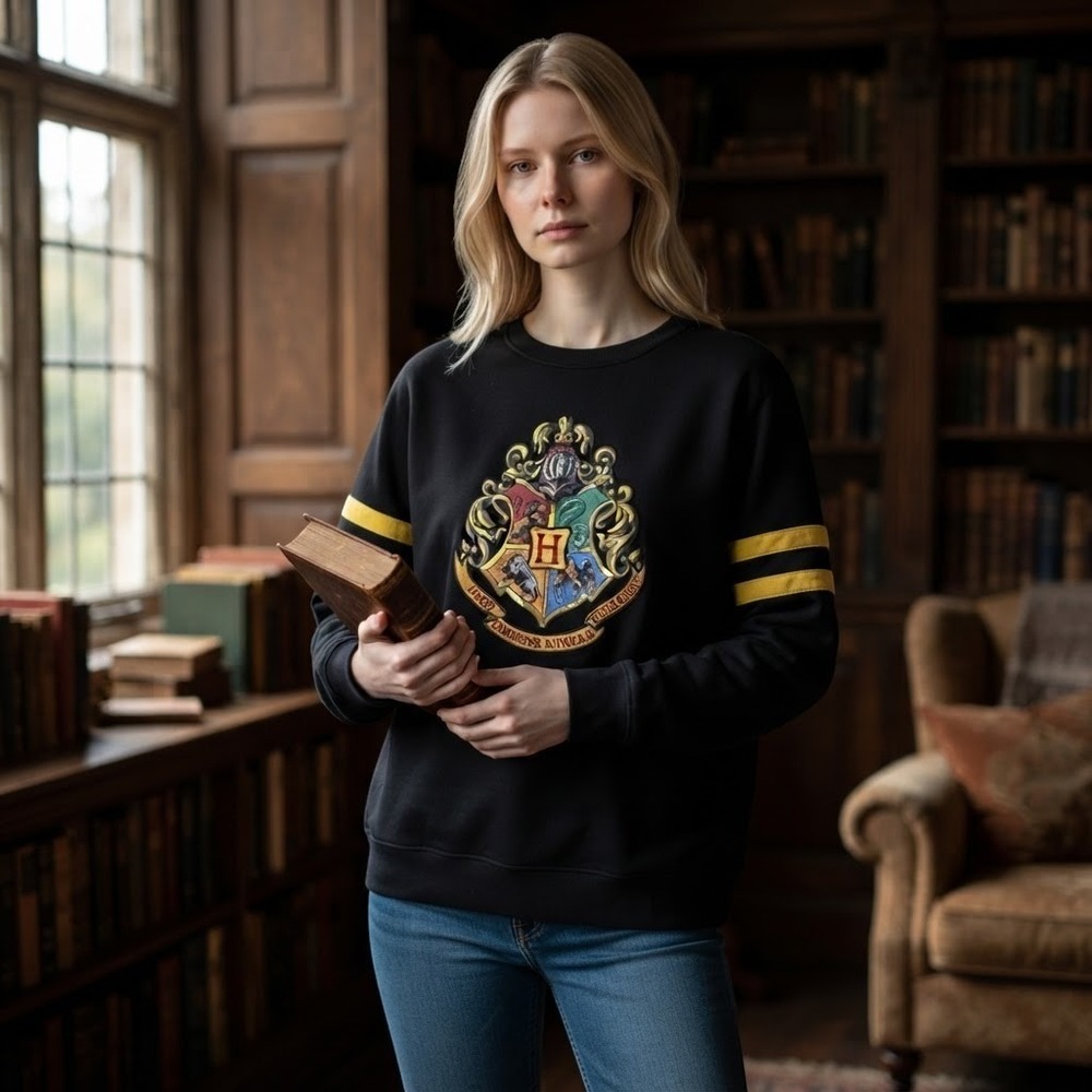Harry Potter Hogwarts Crest Sweatshirt Black Yellow Striped Raglan Universal S - Picture 1 of 8